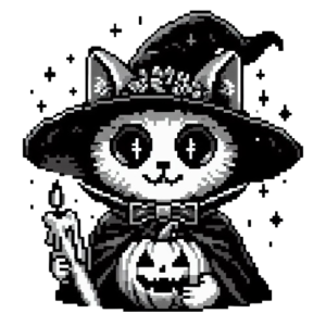 Un chat aventurier avec un masque d'halloween prêt à jouer à une partie de jeu de rôle avec sa petite bougie dans la patte.